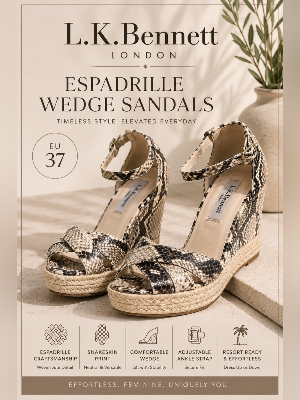 L.K. Bennett Snakeskin Print Espadrille Wedge Sandals EU 37